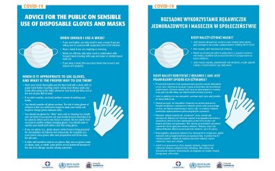 Veggspjöld á ensku og pólsku um notkun á hönskum og grímum